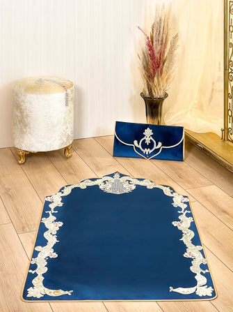 Gul Matte Blue Floral Embroidered Islamic Prayer Rug - Sena Designs,Luxury Sejadah Accessories, Janamaz Islamic Products, Ramadan Kareem Gifts, Muslim Gifts, Eid Gifts & Presents Prayer Mats,SD-PRUG-GUL-Blu-NC,SD-PRUG-GUL-Blu-WC