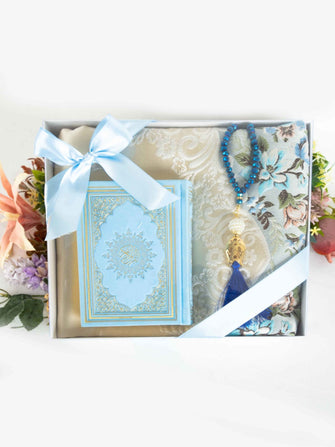 Islamic Blue Gift Box Set - Sena Designs, Prayer Rug Rosary Qur'an Set, Eid Gifts Ramadan Presents, Tesbih & Islamic Accessories,SD-ENSR-GFTBX-Blu-1S,SD-ENSR-GFTBX-Blu-2S,SD-ENSR-GFTBX-Blu-3S