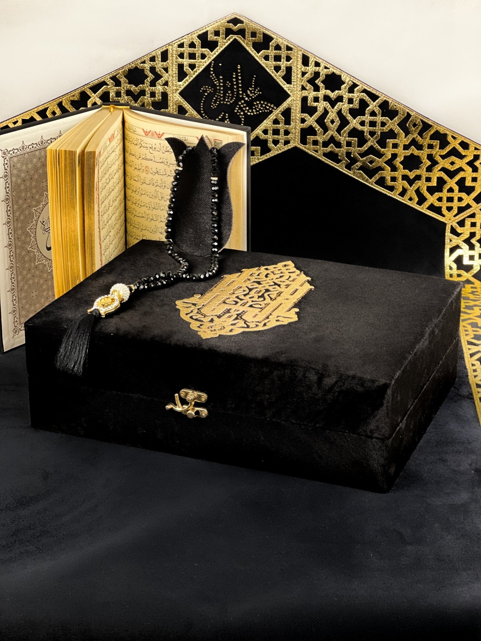 Luxury Islamic Gift Box Set, Prayer Rug, Quran & Rosary Ottoman Black ...
