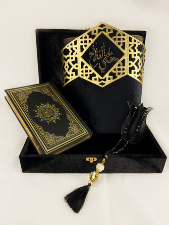 Luxury Islamic Gift Box Set - Ottoman Black & Gold Muslim Set - Sena Designs, Prayer Rug Tasbeeh Rosary Qur'an Storage Box Set, Fine Elegant Eid Gifts Ramadan Presents, Premium Janamaz Sejadah & Islamic Accessories Set,SD-LGFTBX-OTTMN-BlaGo