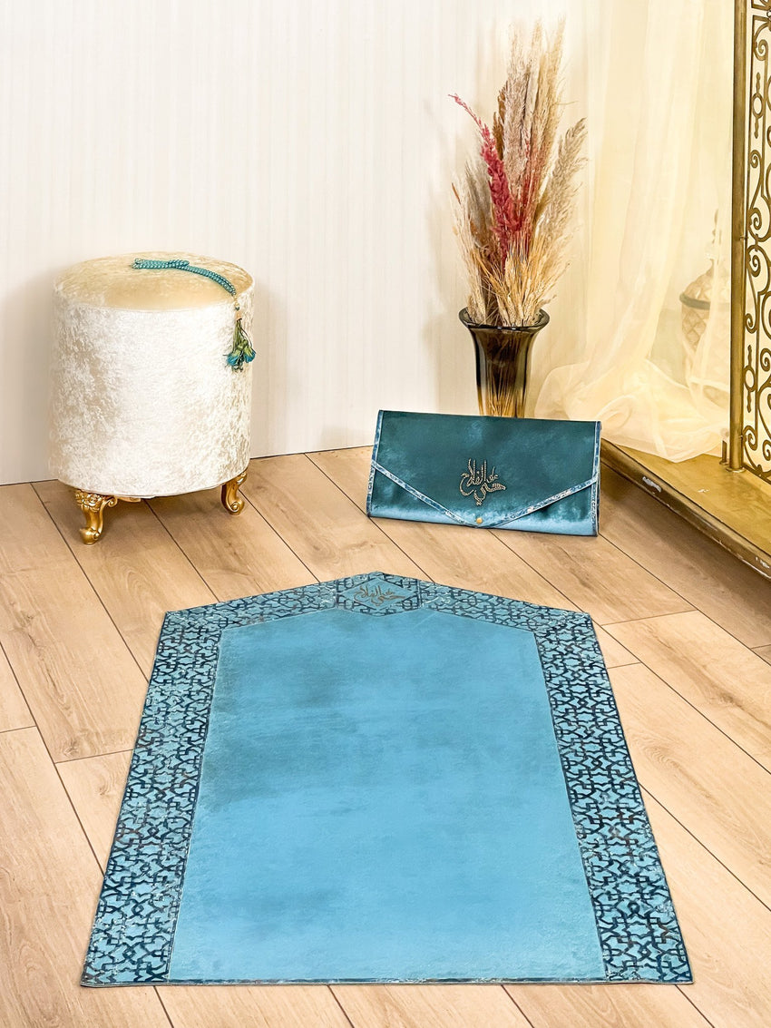 Ottoman Turquoise Islamic Prayer Mat, Luxury Geometric Janamaz Rug ...