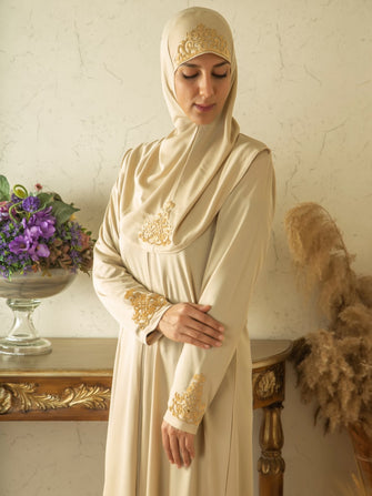 Ruya Beige Prayer Dress - Sena Designs, Luxury Islamic Muslim Fashion, Eid Ramadan Prayer Gifts Uniform, Best Rosary Dua Dress Set, Unique Beautiful Islam Dress,SD-PDRESS-RUYA-Go-S,SD-PDRESS-RUYA-Go-M,SD-PDRESS-RUYA-Go-L,SD-PDRESS-RUYA-Go-XL